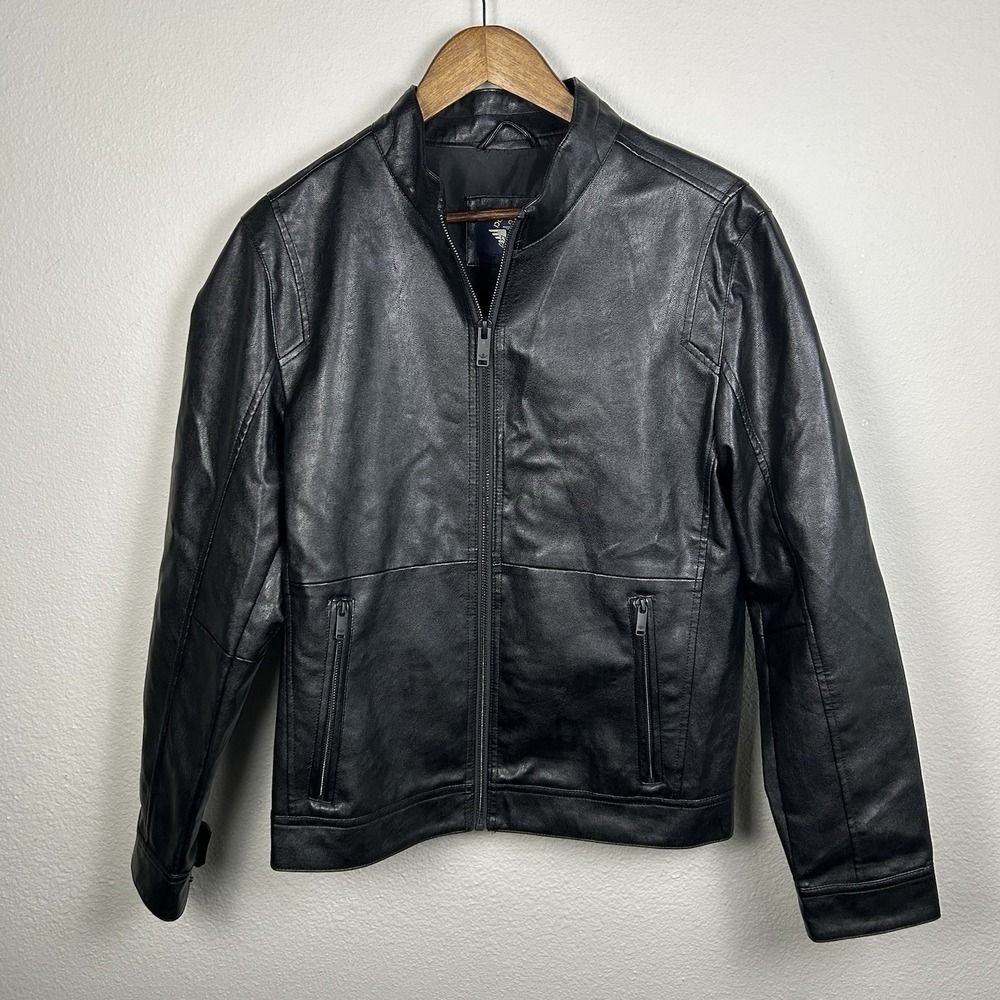 Dockers Men's Black Faux Leather Jacket Small Lining Moto Bomber Fall Winter